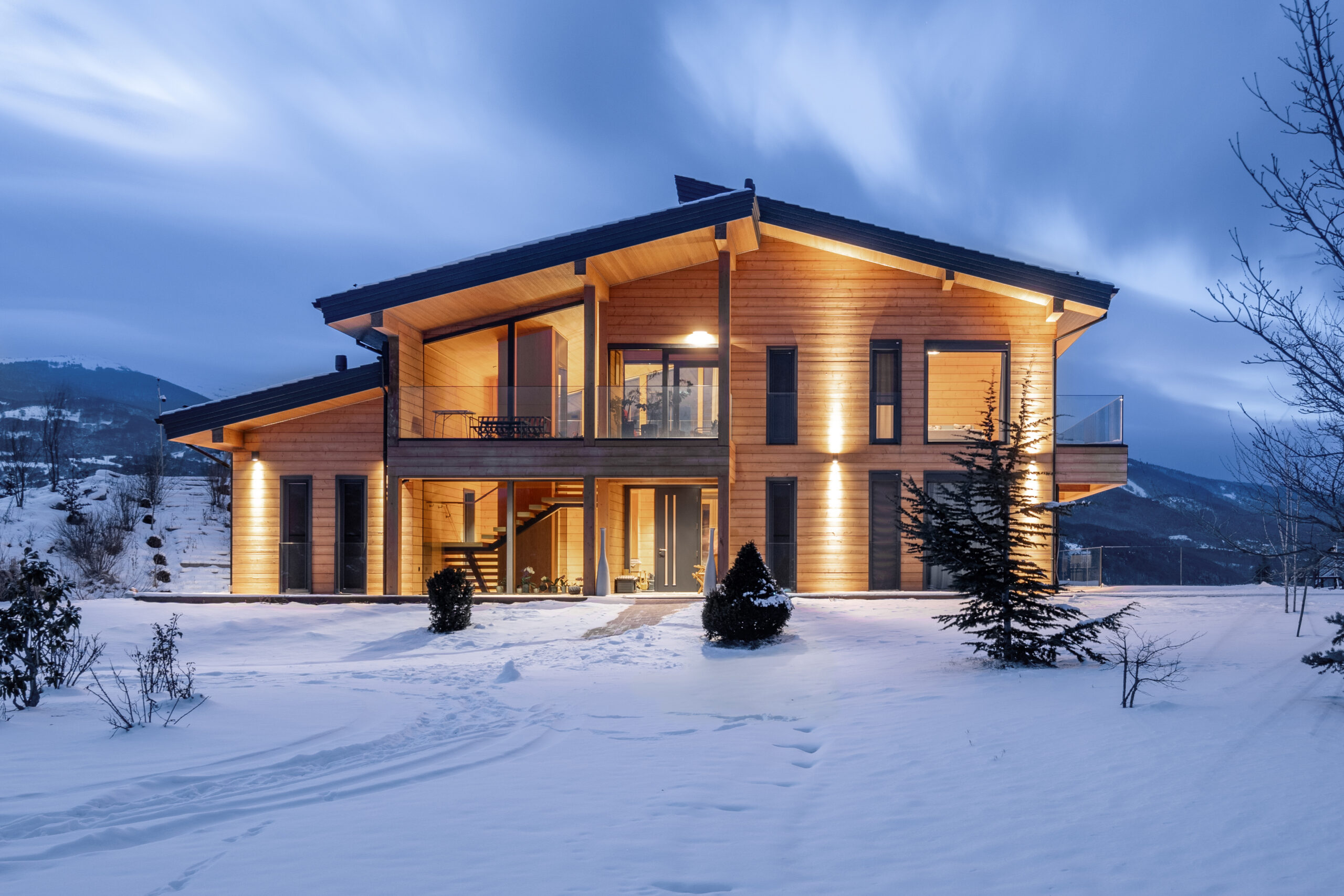 Front elevation of the residence in the evening
