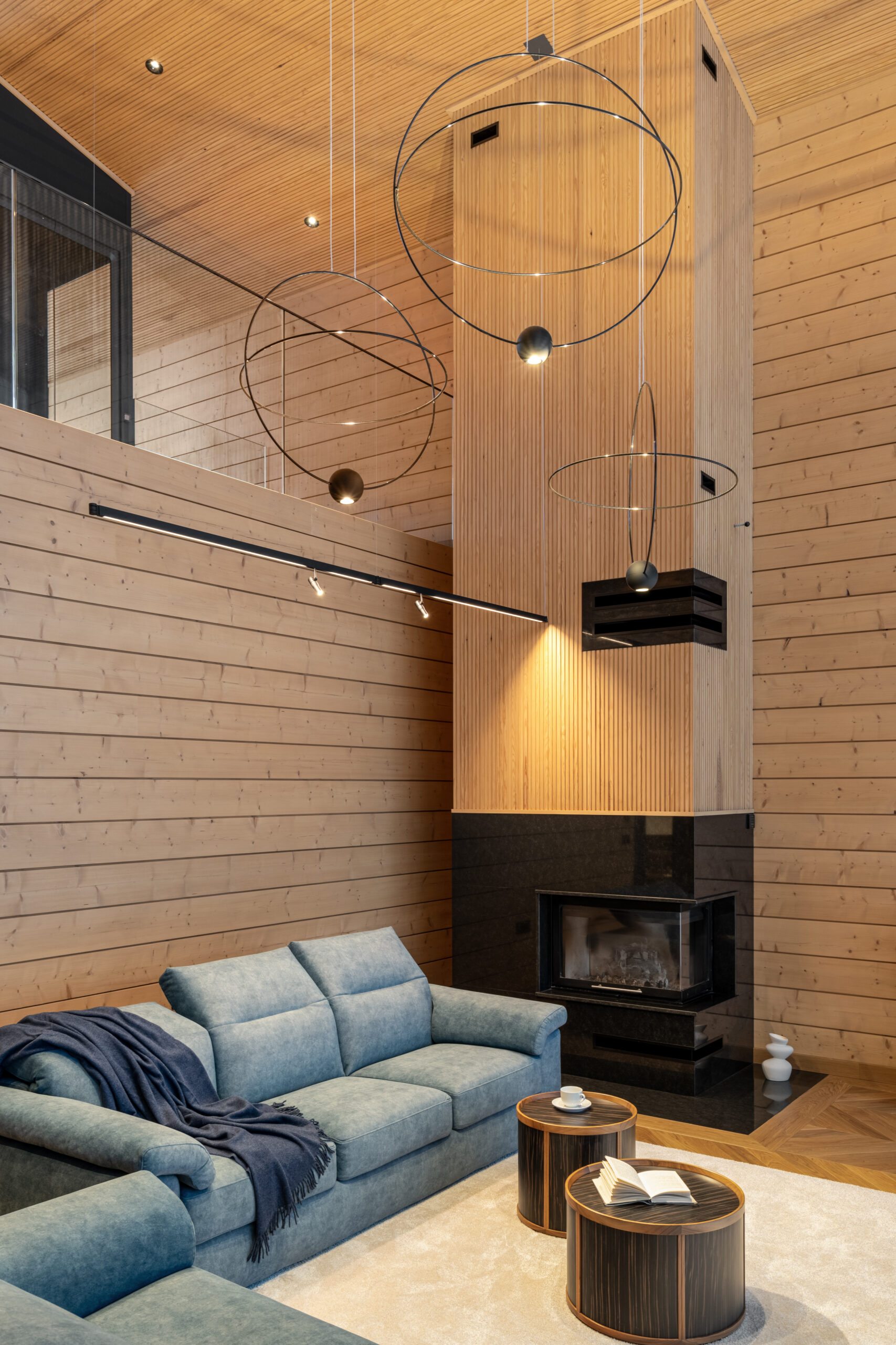 Double-height living room with a fireplace and timber wall and ceiling surfaces
